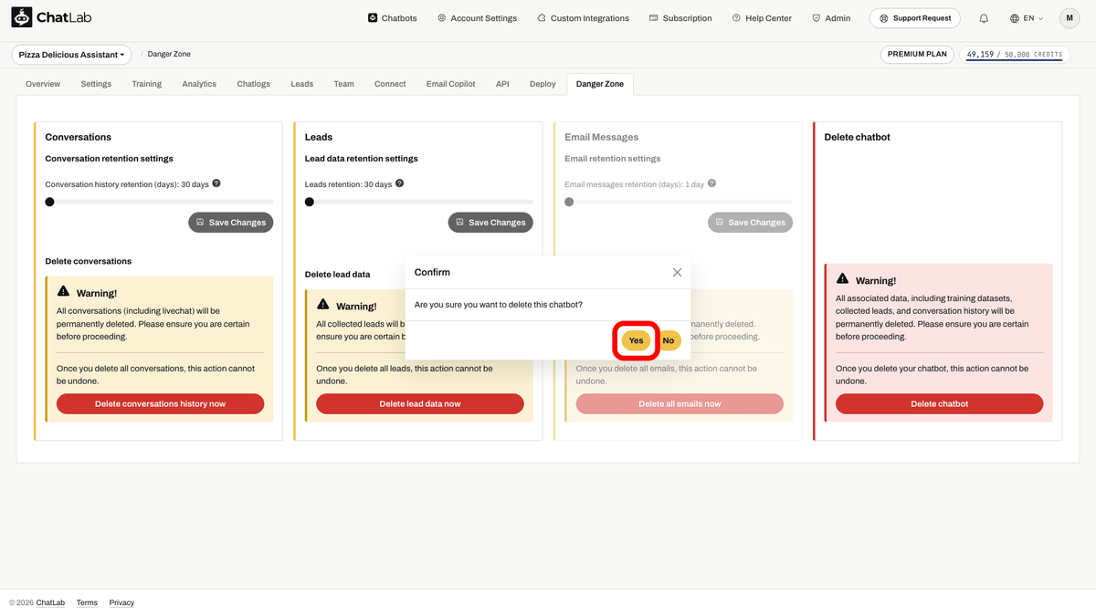 Confirmation dialog with Yes button highlighted