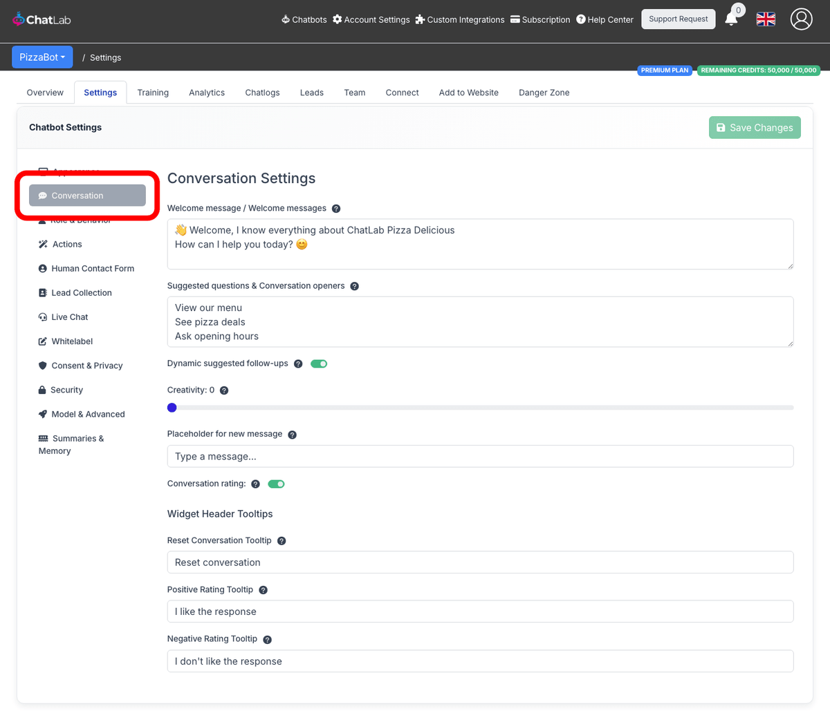 Conversation settings navigation