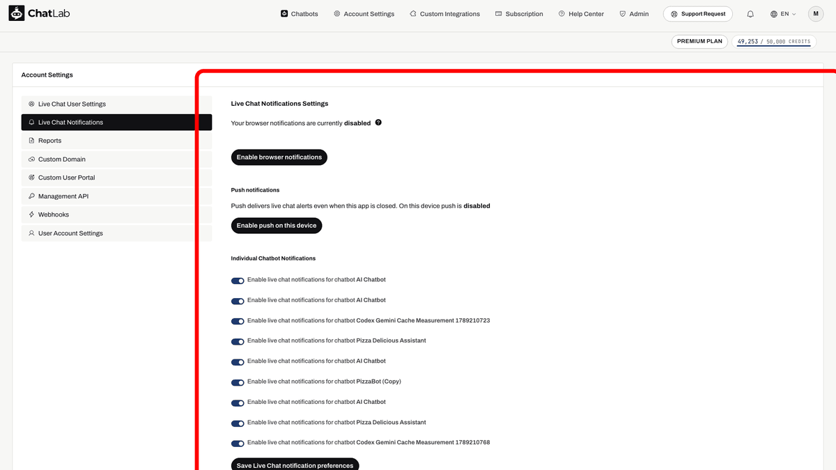 Live Chat Notifications Settings page