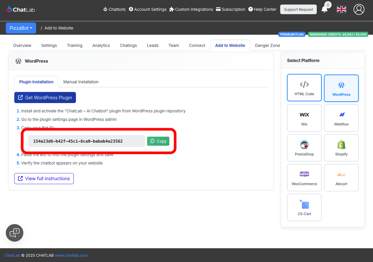 Bot ID with Copy button highlighted