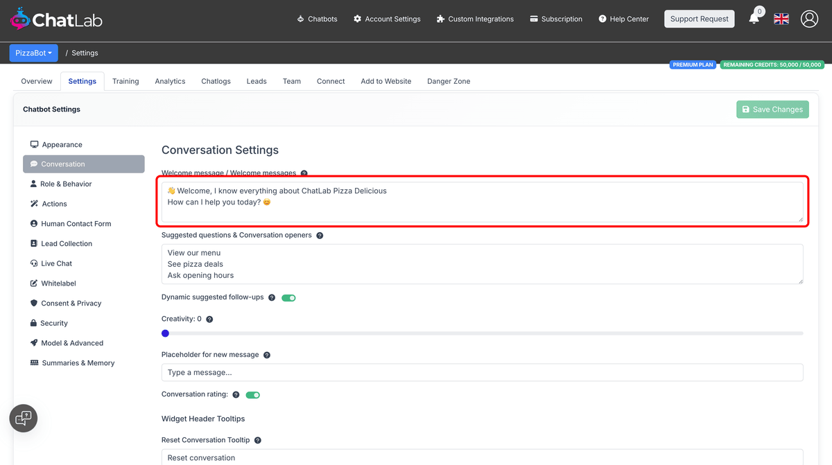 Welcome message field