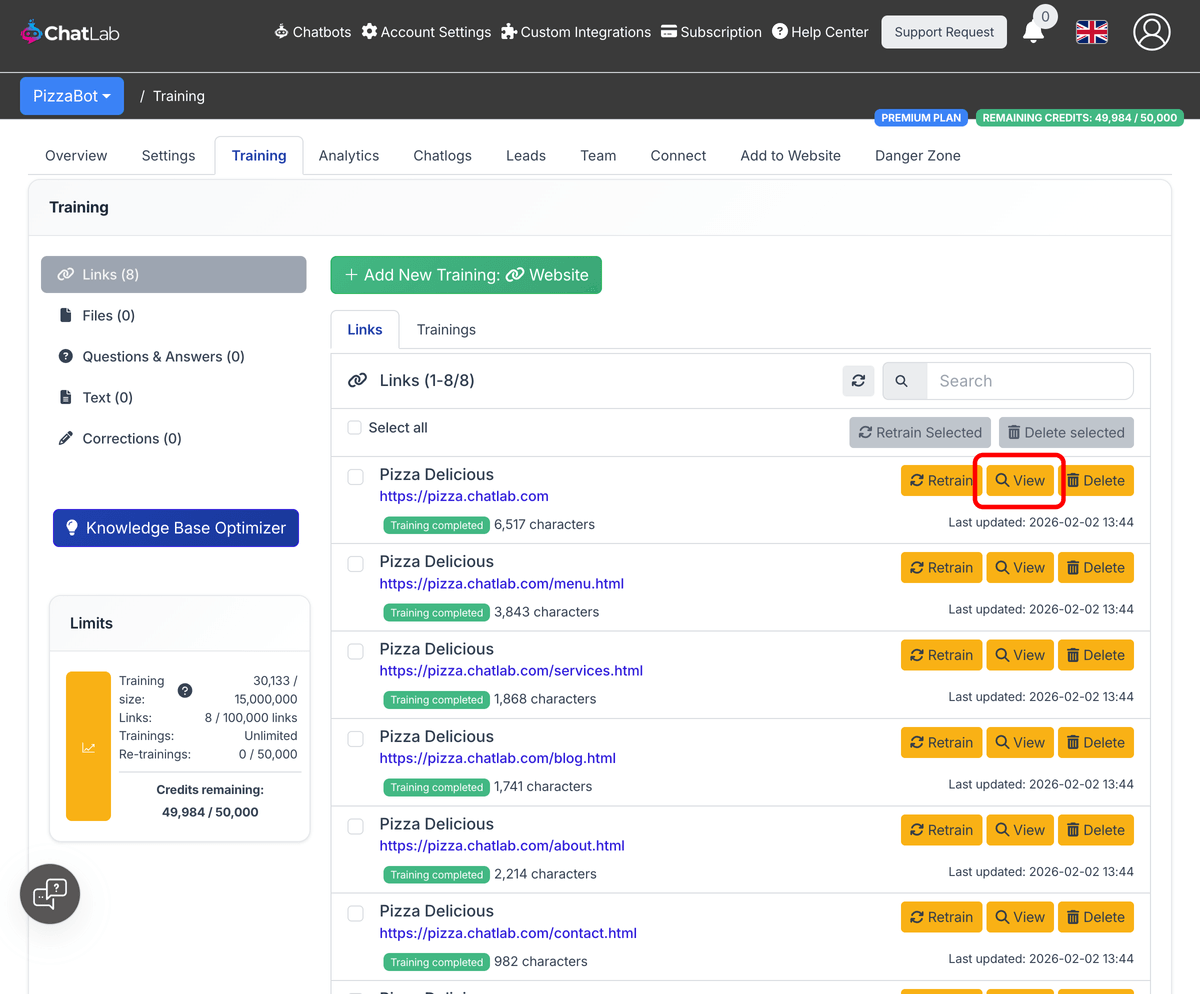 Links list with the View button highlighted