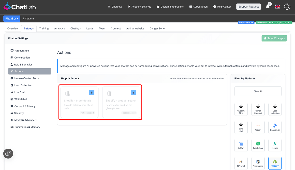 Shopify actions in Settings showing product search and order details