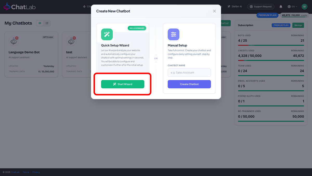 Create New Chatbot window with Start Wizard and Manual Setup