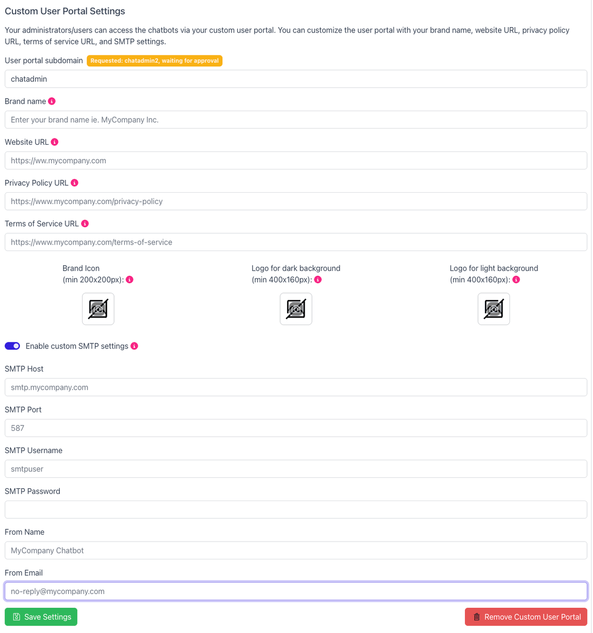 Custom User Portal settings form