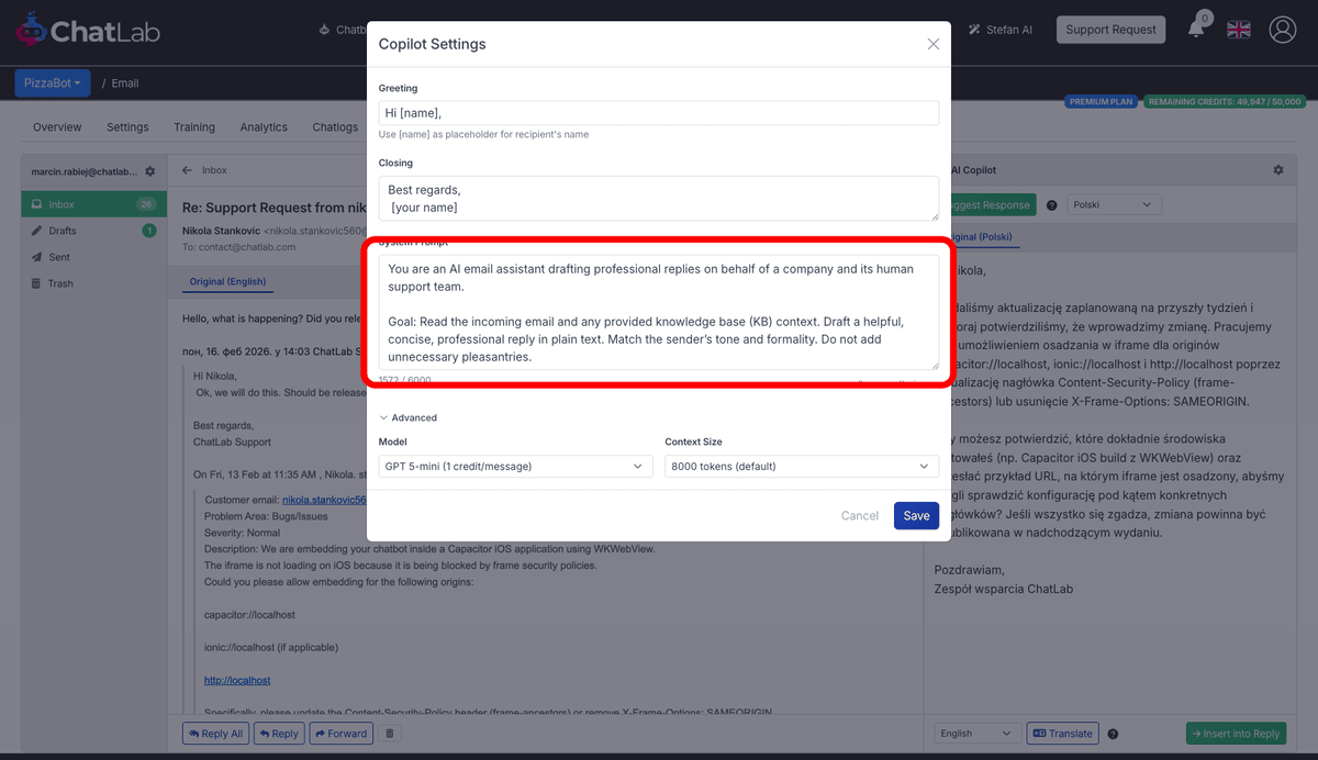 Copilot Settings dialog showing greeting, closing, system prompt, model and context size