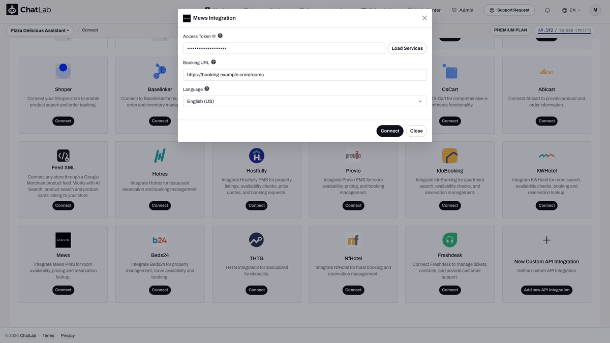 Modulo Mews Integration con i campi Access Token, Load Services, Booking URL e Language