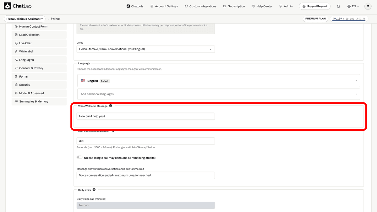 Voice Welcome Message field|width=70