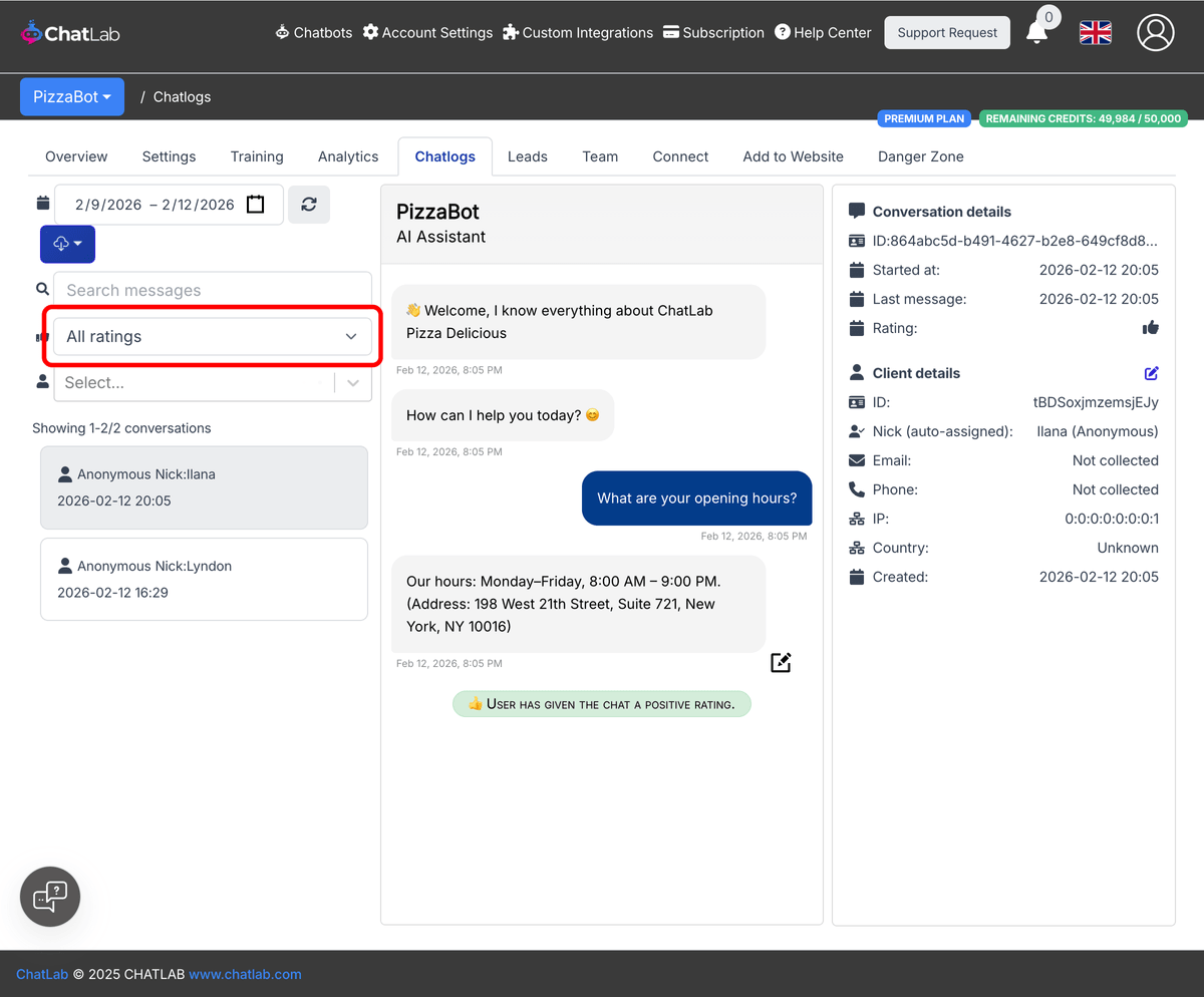 Rating filter in Chatlogs