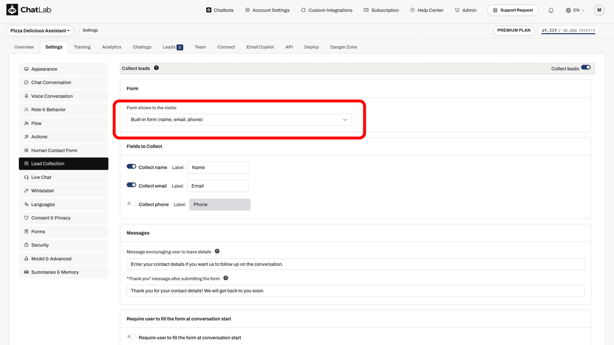 Form shown to the visitor dropdown highlighted