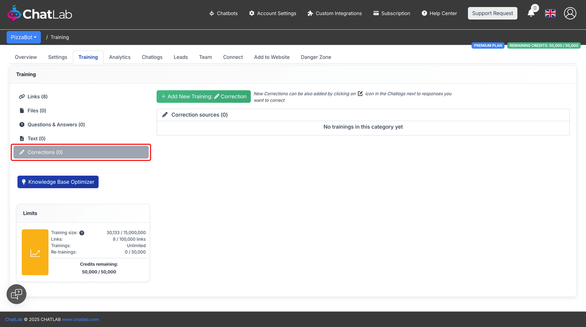 Training tab with Corrections section selected in sidebar