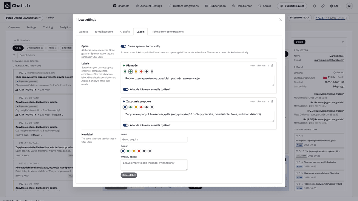 Labels tab of Inbox settings