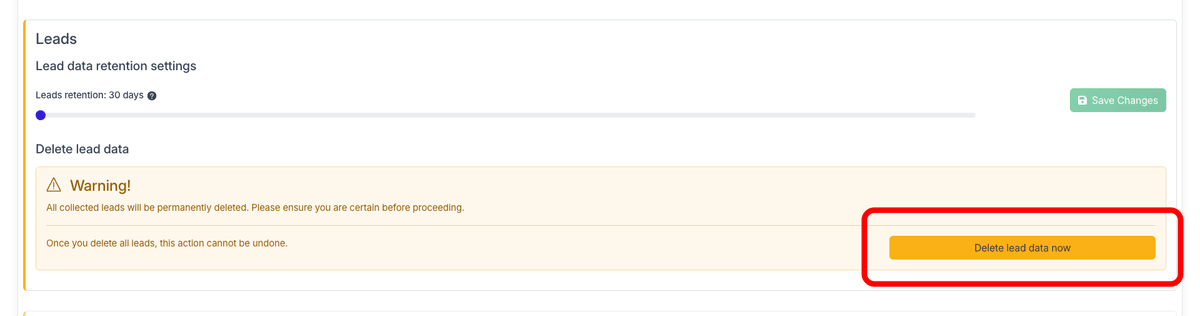 Leads section with retention slider and delete button