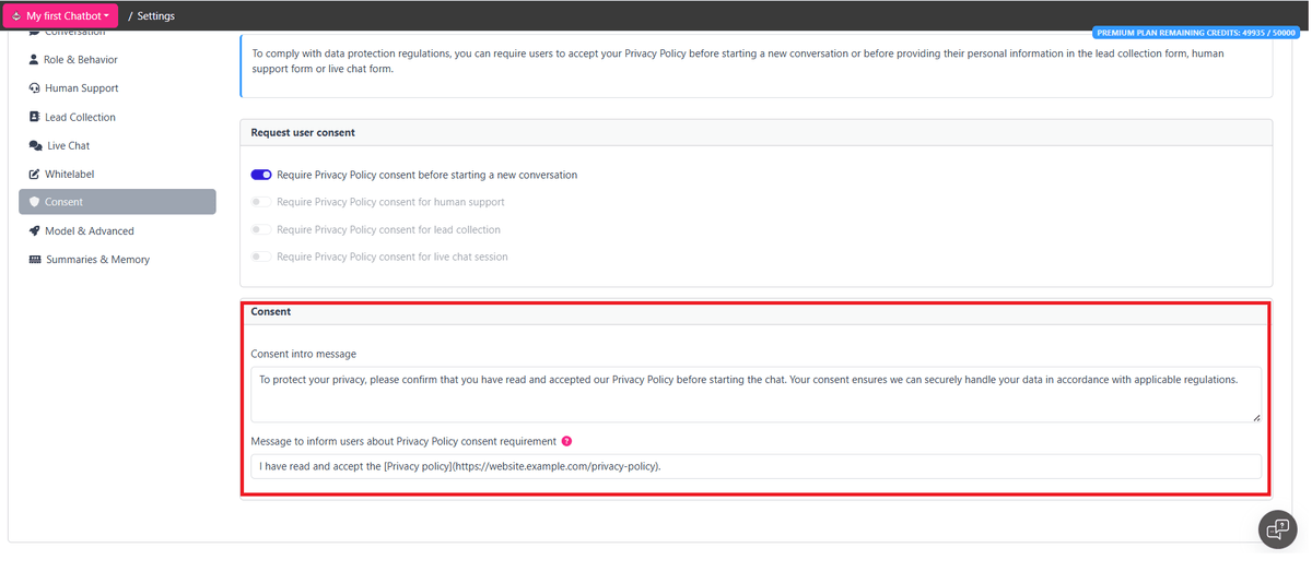 Edytor informacji o polityce prywatności w stopce czatu