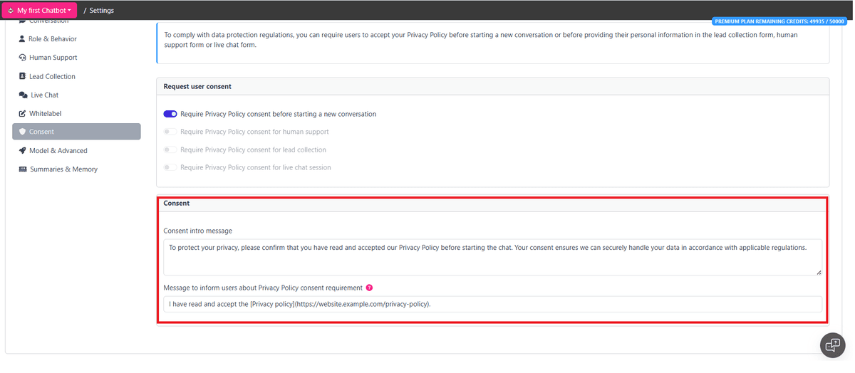 Privacy policy info editor in the chat footer