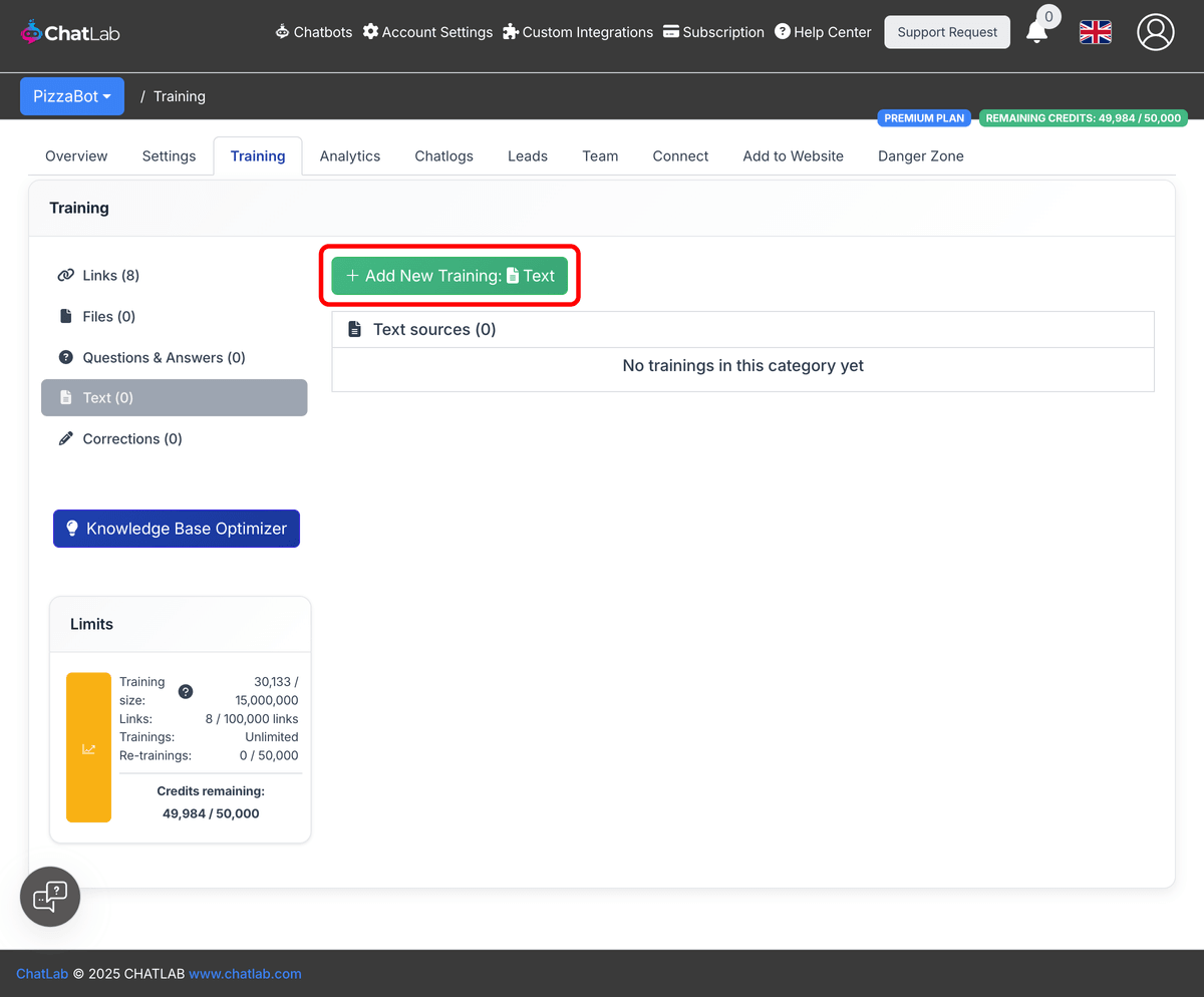 Add New Training Text button