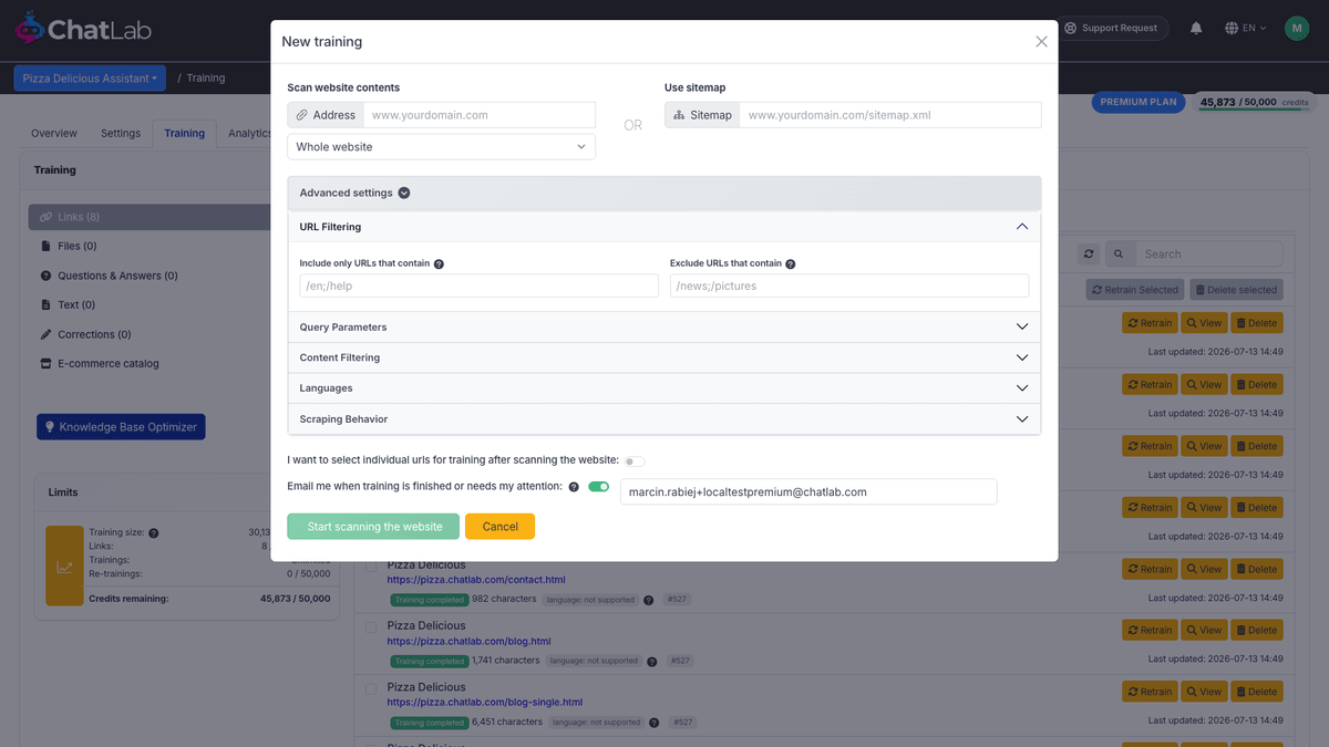Advanced settings in the website training modal