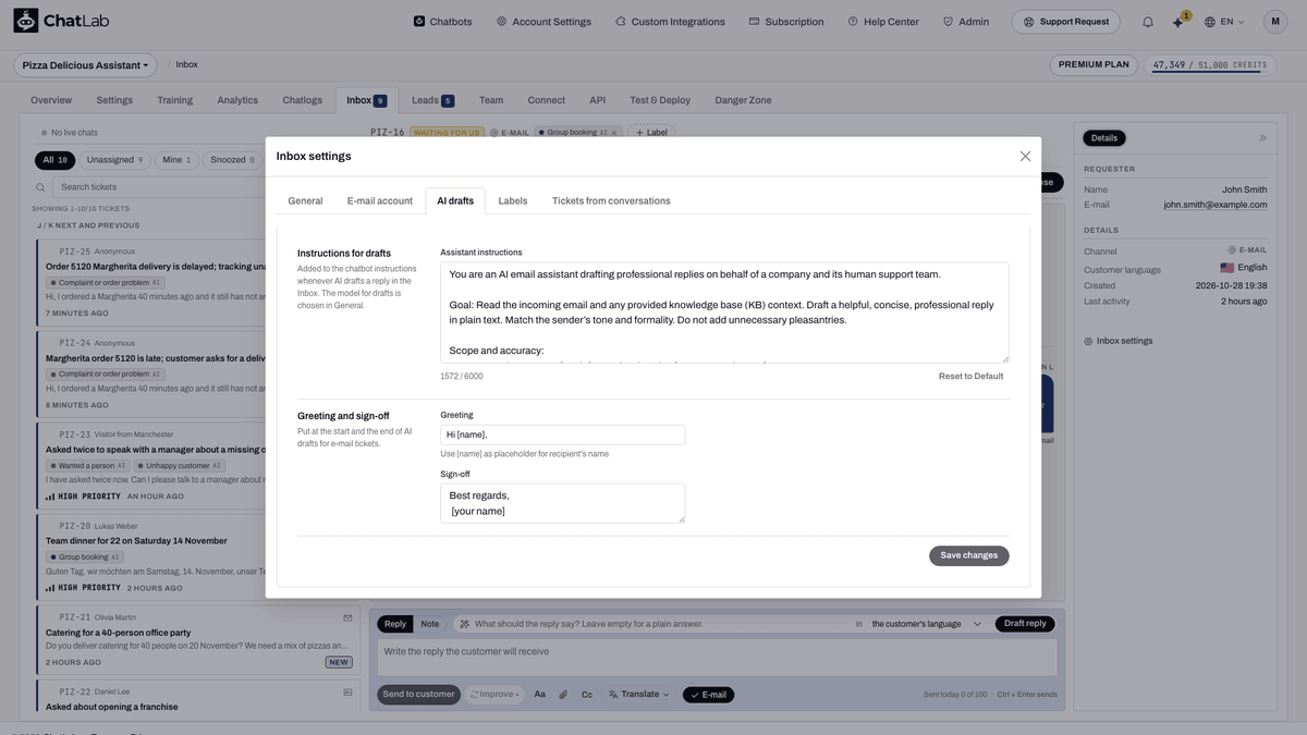AI drafts tab of Inbox settings