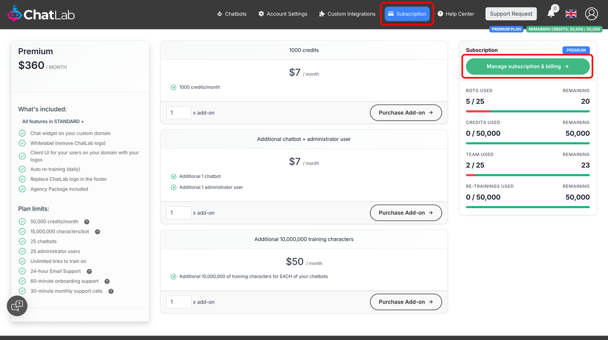Subscription page showing Manage subscription button