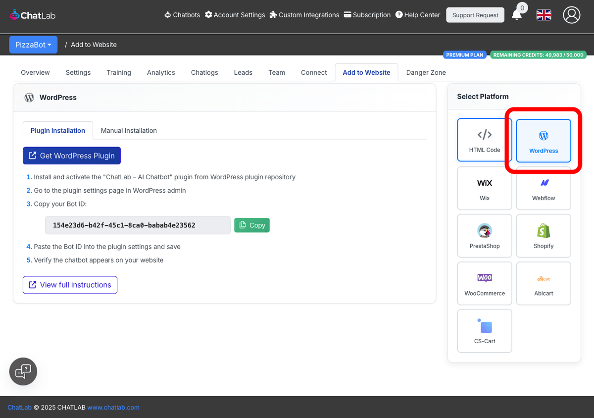 Add to Website tab with WordPress selected