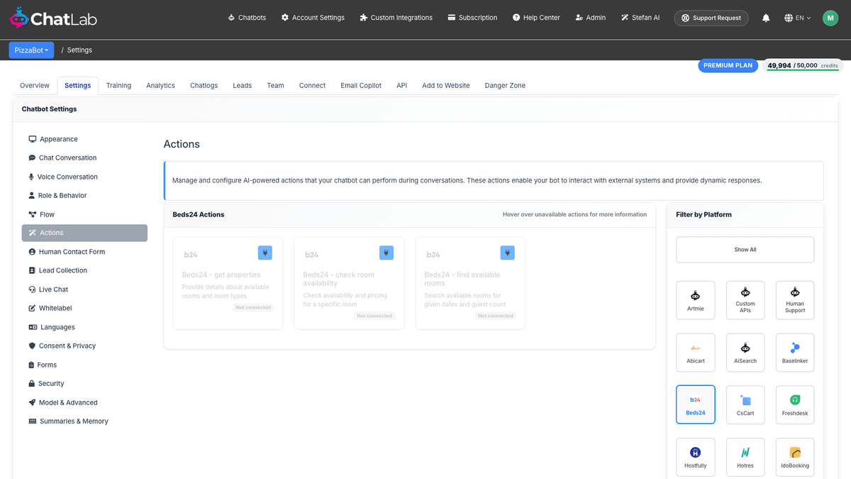 Beds24 Actions group in Settings > Actions before the integration is connected