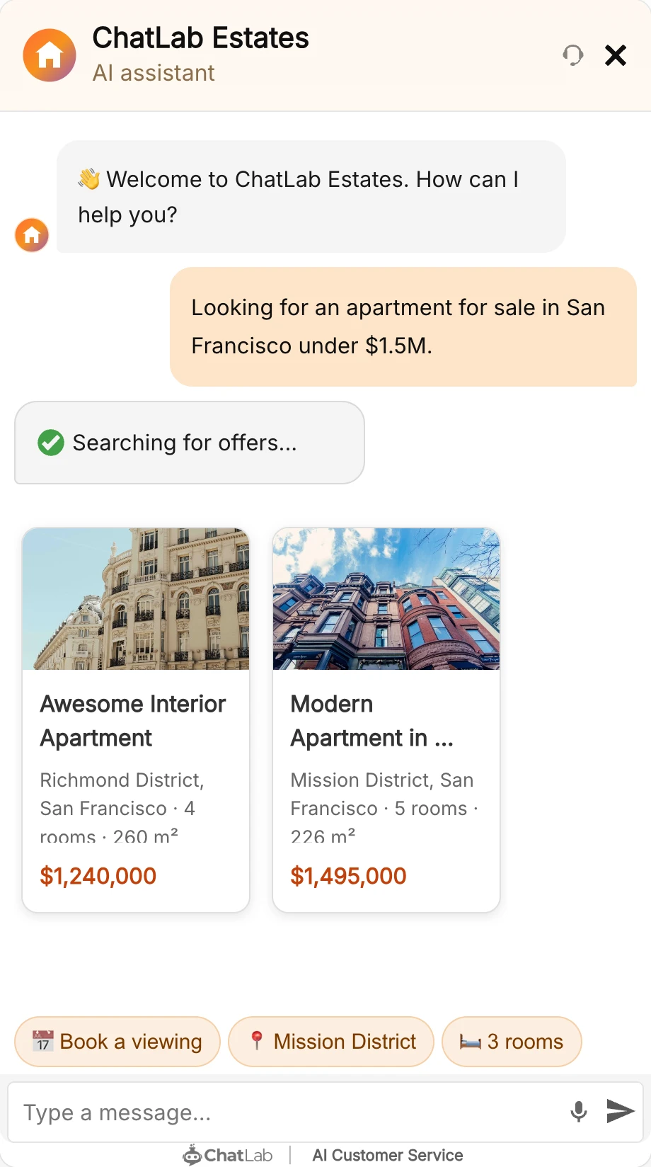 Chatul demonstrativ imobiliar cu două carduri de apartamente