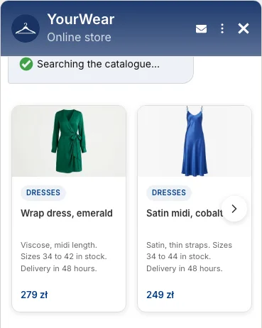 Product cards inside the chat widget of an online store