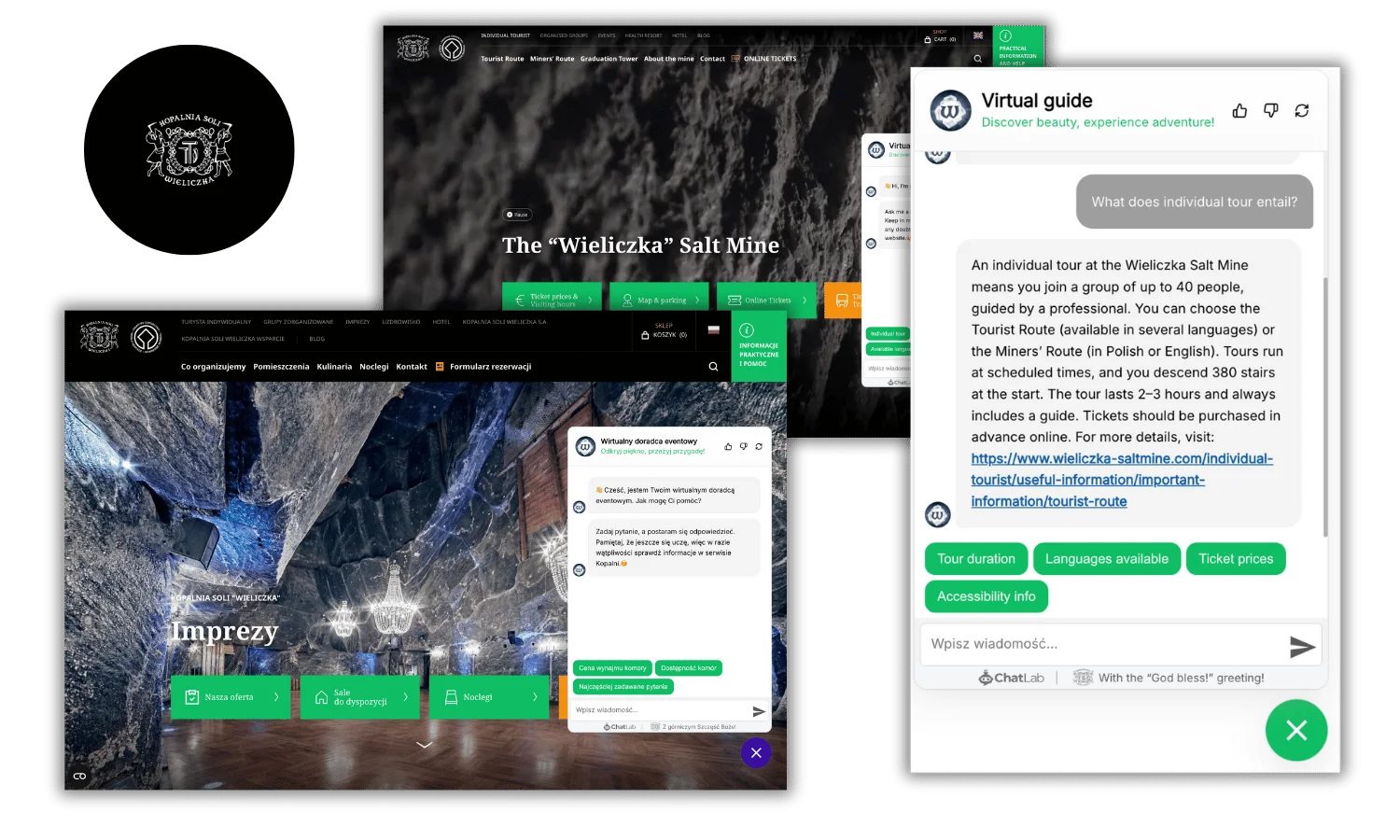 A wieliczkai sóbánya weboldalai a megnyitott virtuális idegenvezetővel